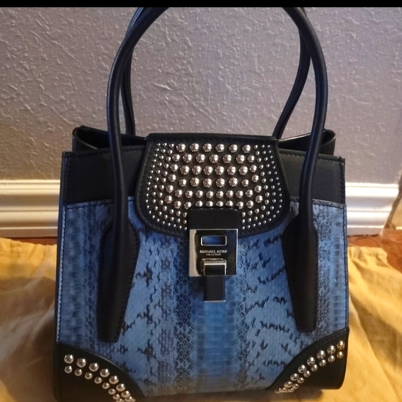 Michael Kors Collection Handbags - Michael Kors Collection Blue and Black Studded Python-Print Leather Satchel